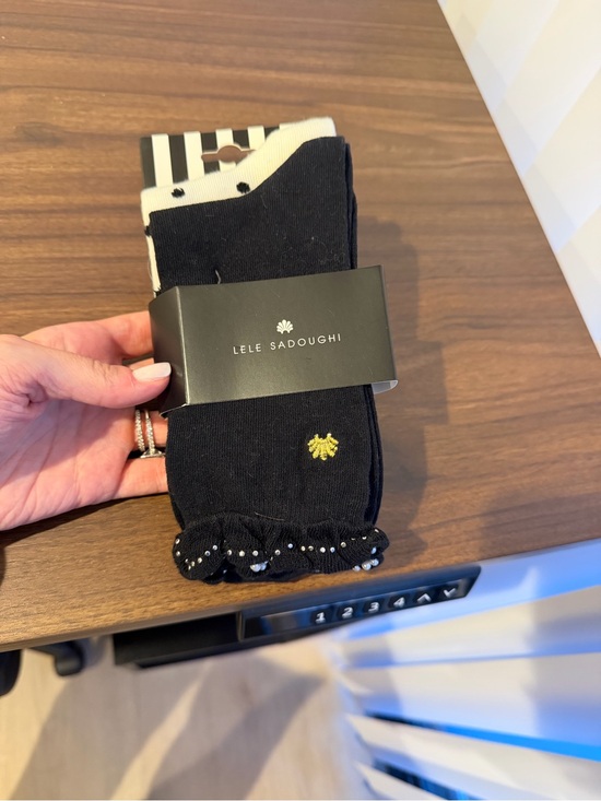 Lele Sadoughi Accessories - Lele Sadoughi Black Scalloped Trim Socks with Gold Bee/White with Black Dot